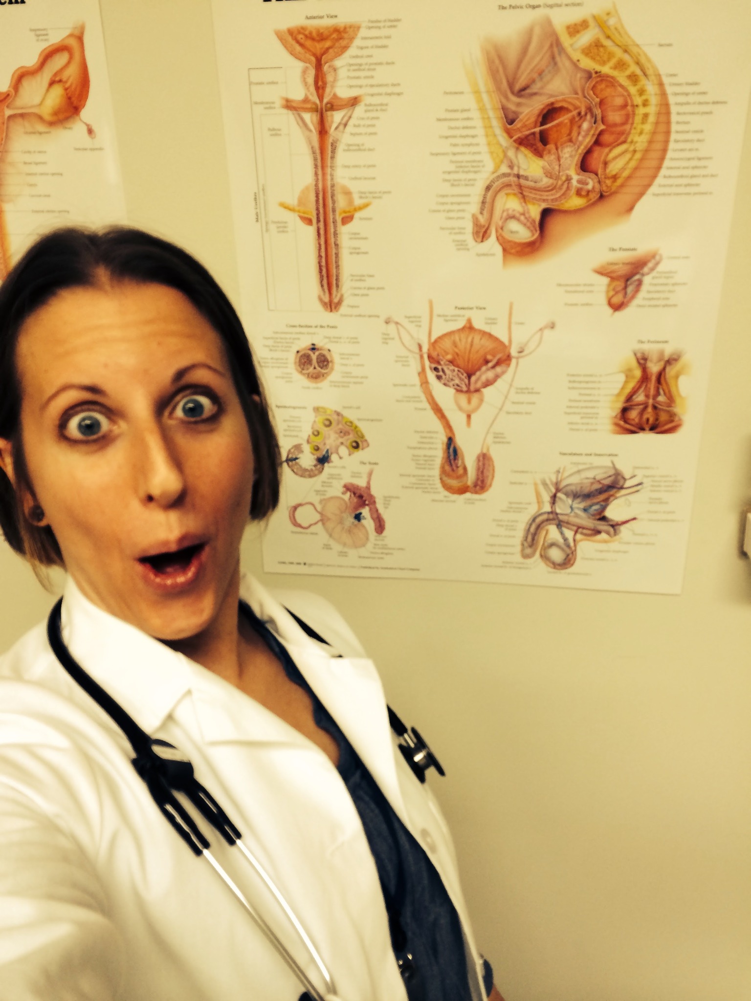 Katie in a white coat with a stethoscope in front of anatomy posters