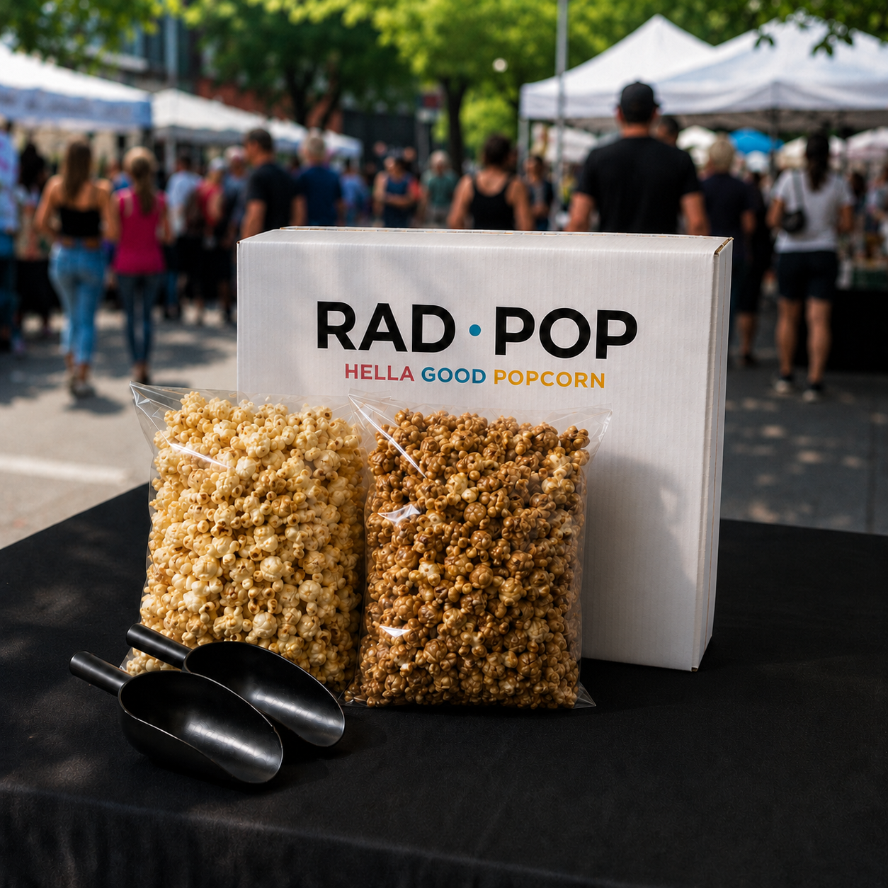 Rad Pop Party Box with two large bags of popcorn, serving scoops, and branded packaging at a Portland street fair